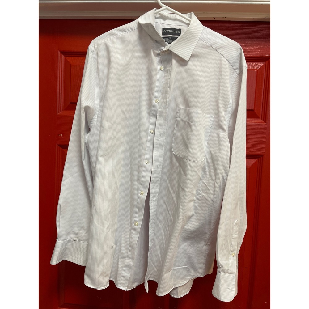Covington Mens Dress Shirt White Blue Pinstripe Wrinkle Free 16-16.5 34-35 L
